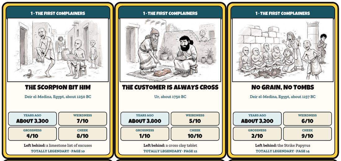 Three Legend Cards: The Scorpion Bit Him, The Customer Is Always Cross and No Grain, No Tombs, each with a picture, a place and date, and four scores.